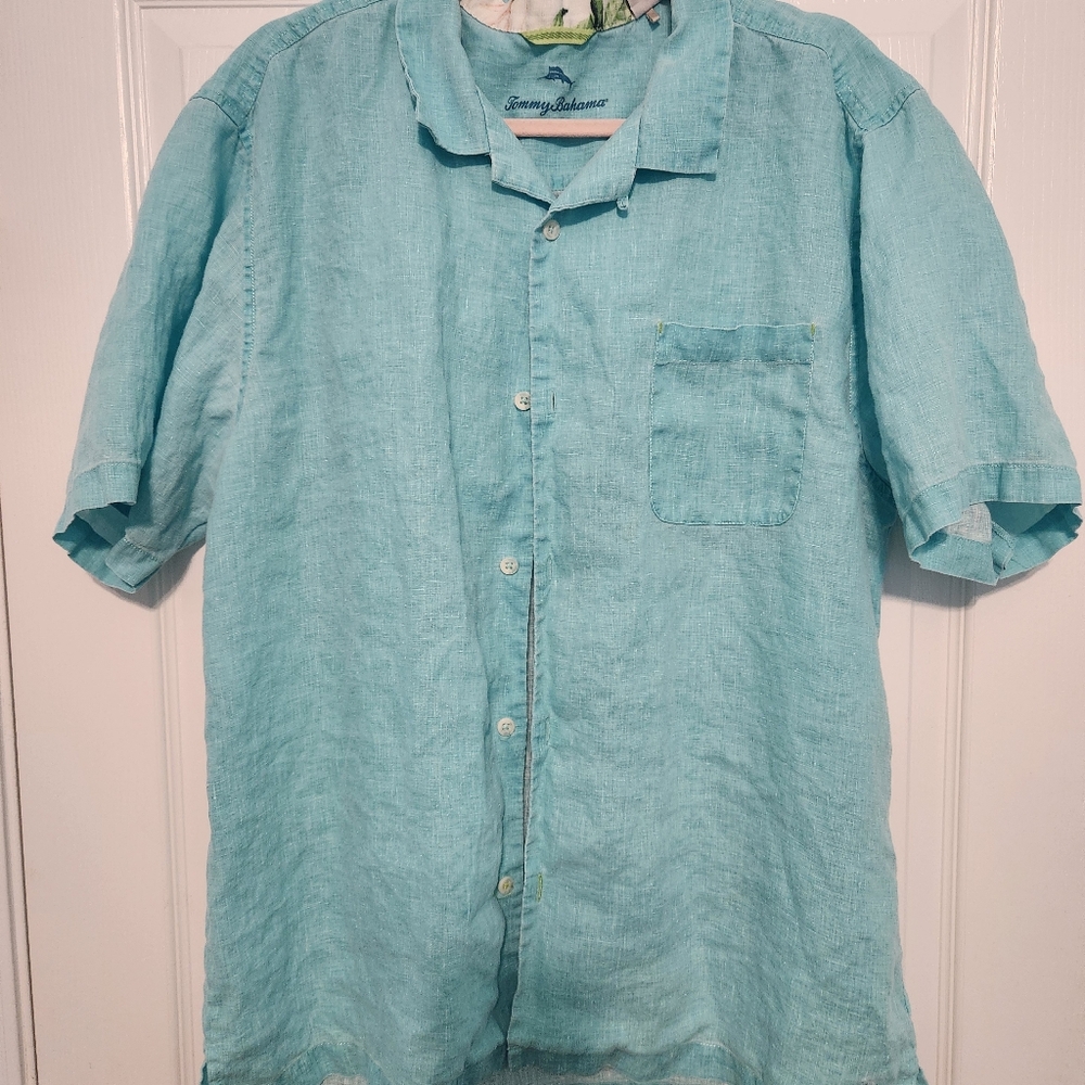 Tommy Bahama Mens XXL Short Sleeve Light Blue Green Linen Casual Button Front